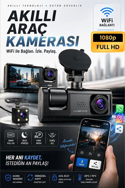 Genel Markalar WiFi 1080p 3 Kameralı Araç İçi Kamera LCD Ekranlı Gece Görüşlü...
