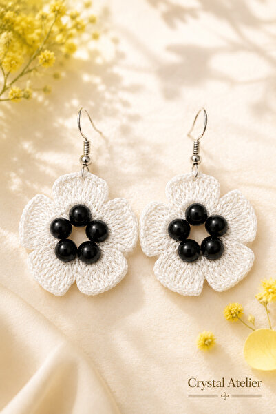 Crystal Atelier White Daisy Knitted Flower Earrings with Black Beads Bohemian...