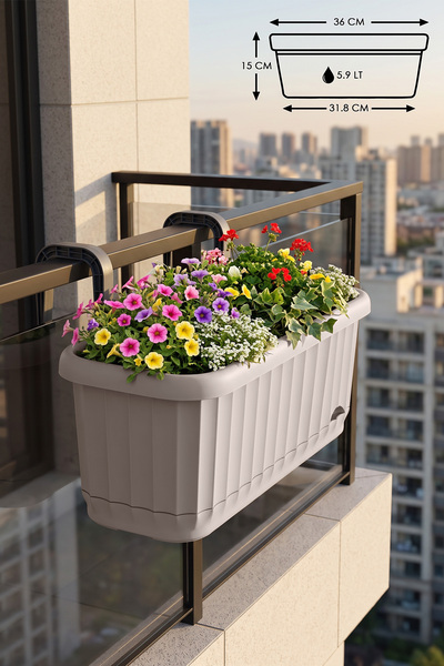 ToXA 5.9 Litre Bej Askılı Sütun Balkon Saksı Çizgi Desenli Hazneli Mat Plasti...
