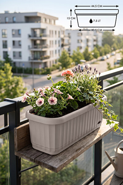 ToXA 7.5 Litre Bej Askısız Sütun Balkon Saksı Çizgi Desenli Hazneli Mat Plast...