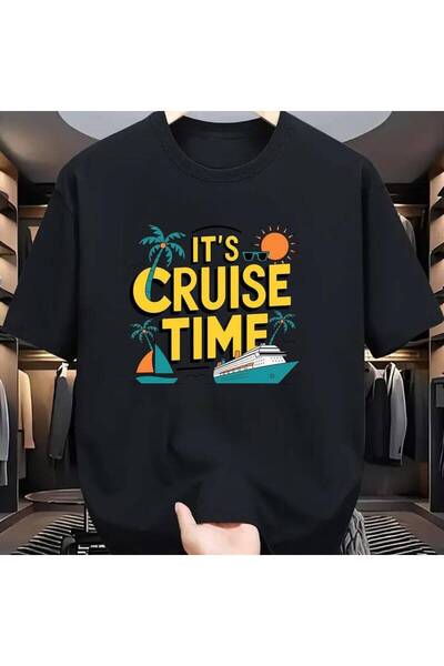 23 nisan Unisex 'Cruise Time' T-shirt- Black Tropical Cruise Design, Palm Tre...