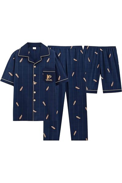 casme Men Pajama Set Short Sleeve Sleep Pants Cotton Loungewear Sets Printed ...