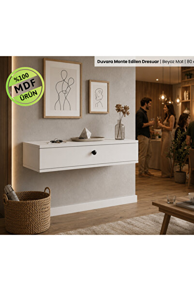ENG AHŞAP Duvara Monte Dresuar 80x25x20 cm | Beyaz MDF | Kapaklı Asma Konsol ...
