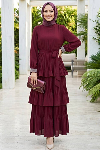 Neva Style Rochie Hijab din crep burgundy, plisată în straturi, importată 957...