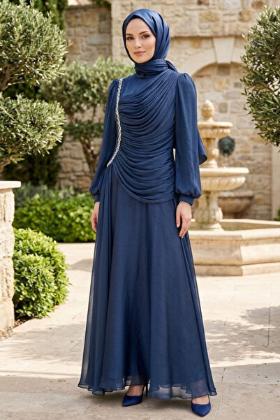 N.S NEVA STYLE Sparkling Navy Blue Draped Hijab Evening Dress 57091L