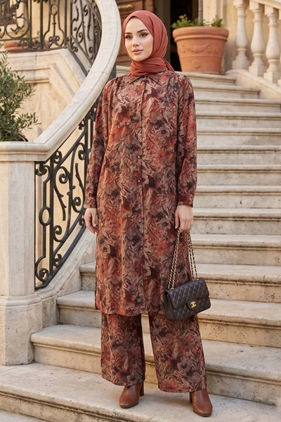 Neva Style Set de pantaloni tunică cu model etnic Tesettür 95727KRMT