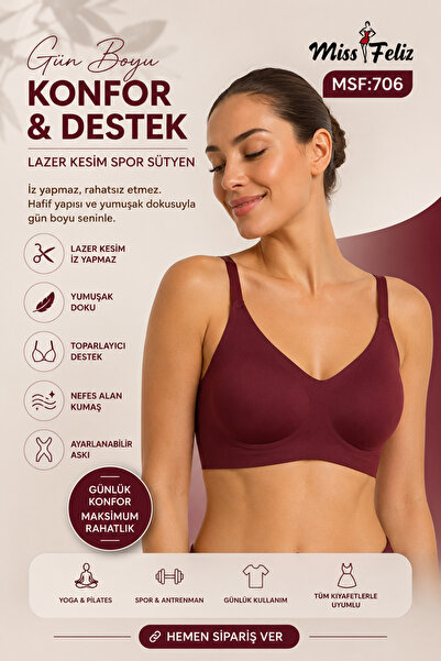 Sport Bra- Bordo Lazer kesim Balensiz Kadın Sütyen