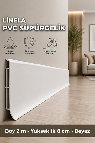 AGK Linela PVC Süpürgelik 8 cm Beyaz 2 m Yapıştırmalı Suya Dayanıklı Kalın Pr...