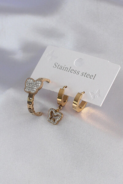 Generic Brand Mey Import ®   316L Steel Gold Color Butterfly Model Zircon Sto...