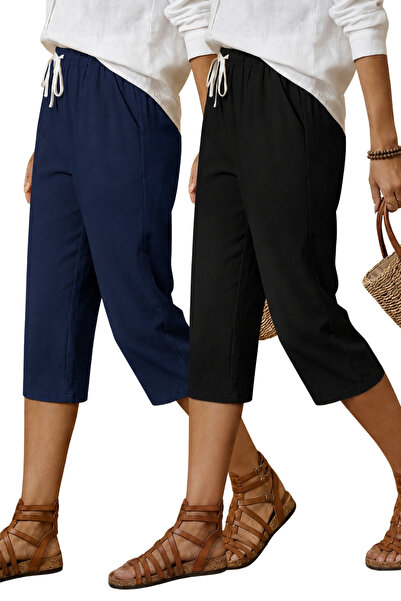 COOL TARZ Women's Set of 2 Navy Blue Black Linen Blend Elastic Waist Capri Pa...