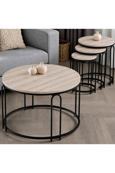 SEDAŞ LIVING UNITS Lenka Traverten Ahşap Zigon Orta Sehpa Takımı Yuvarlak Siy...