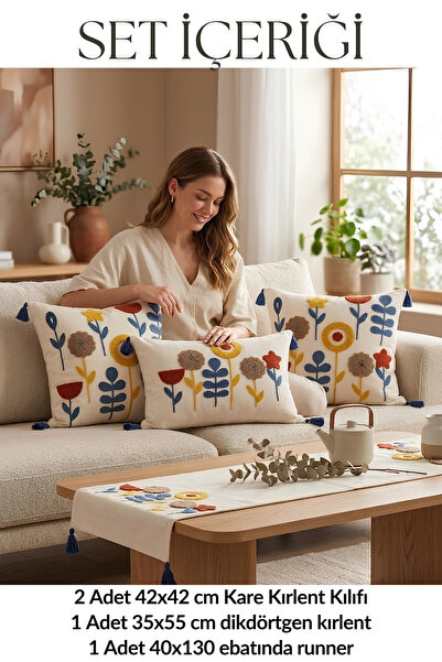 Valmia Home 4'lü Set Buldan İşi Pamuklu Punch Nakışlı Kırlent Kılıfı ve Runne...