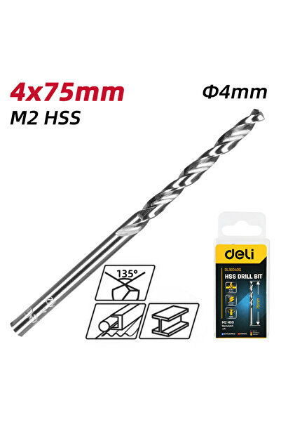Deli σετ τρυπάνια DL16040G για μέταλλο, M2 HSS, 4x75mm, κυλινδρικό, 10τμχ
