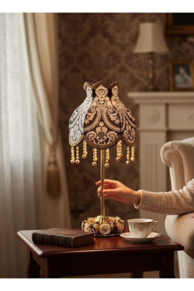Dekovien Smoked Velvet Covered White Embroidered Headboard with Gold Metal Fl...