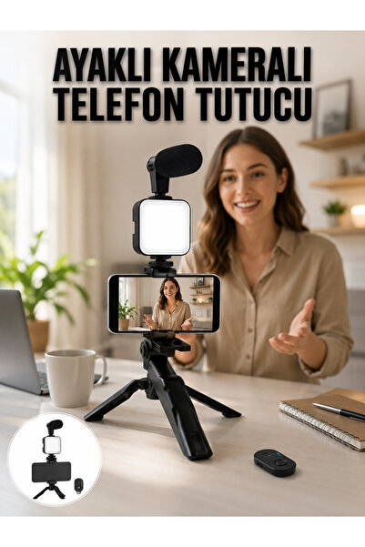 Telefon Tutucu Led Işıklı Kumandalı Mikrofon Telefon Vlog Video Kayıt Yeni Nesil