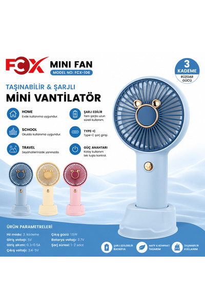 fcx FOX Mini Fan Şarjlı Taşınabilir El Vantilatörü 3 Kademeli Type-C Telefon ...