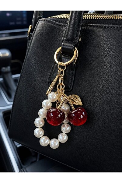 EKİDORA Pearl Cherry Gold Bag Charm Keychain Women's Bag Accessory Metal Keychain Stylish Decorative Bag Charm Steel Jewelry