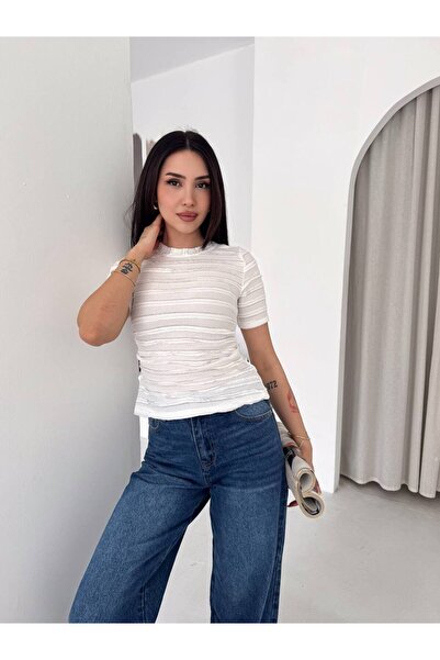Butik Beyza Textured Striped Stretchy Fabric Short Sleeve Blouse
