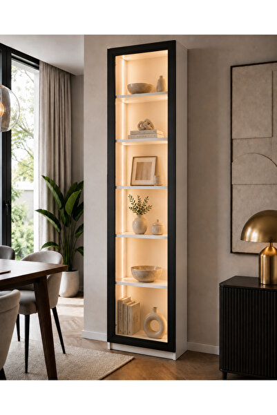 Barida Sanat %100 MDF Cam Kapaklı Neon Ledli Gümüşlük Modern Vitrin 200x40x25