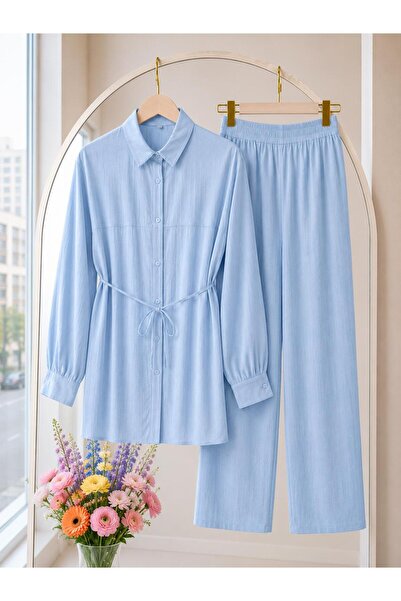 MODA VEDAT Kadın Çilek Kumaş Bel İpli Pantolon Takım -575