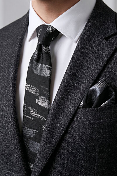 Milleniva Brush Patterned Black Silver Tie & Handkerchief