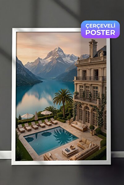 Postifull Mountain and Lake Scenery Poster, White Framed Poster, Old Money Se...