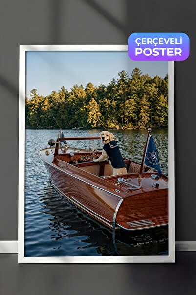 Postifull Dog and Boat Poster, White Framed Poster, Old Money Series, No:113207