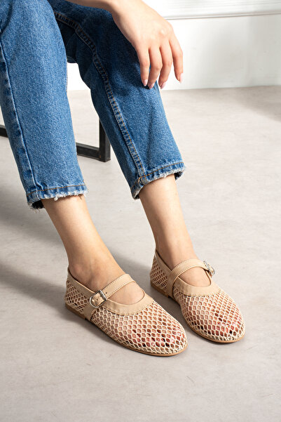 LORENN SHOES Bonnie Beige Mesh Detailed Flat Sole Women's Ballerinas