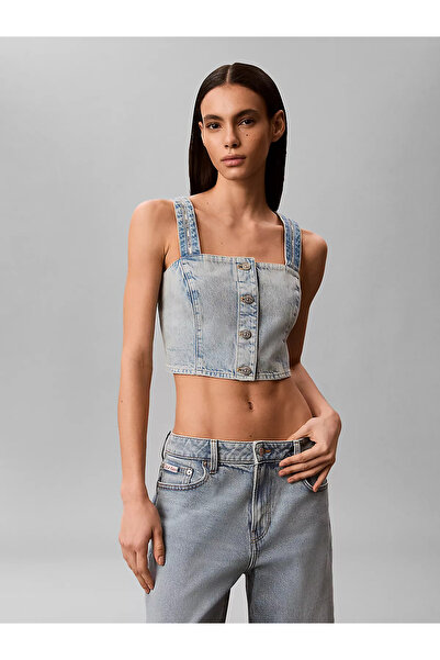 Calvin Klein Kadın Normal Kesim Düğme Kapamalı Askılı Crop Mavi T-Shirt