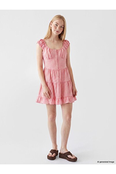 LC Waikiki Xside Pink Square Neck Plaid Layered Mini Dress
