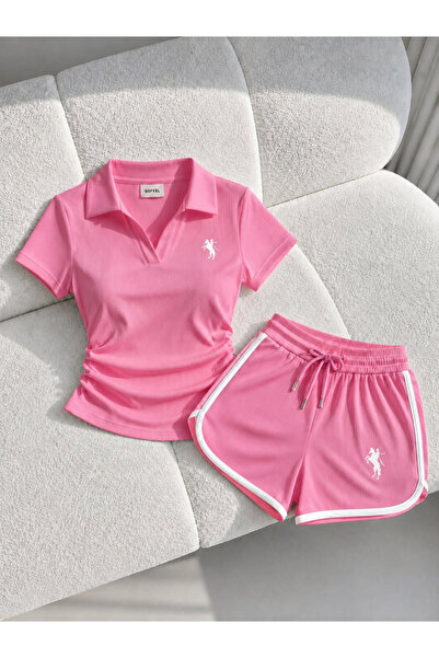 Gofeel Pembe Fit Polo Yaka Crop Şort Takım