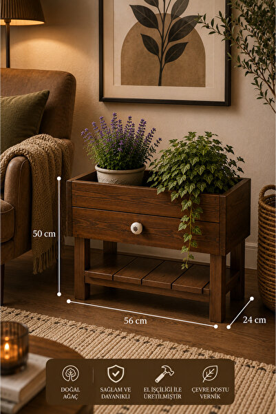 Woodymoda FloraBox Ceviz Ahşap Çiçeklik Yan Sehpa Saksılık Standı Dekoratif S...