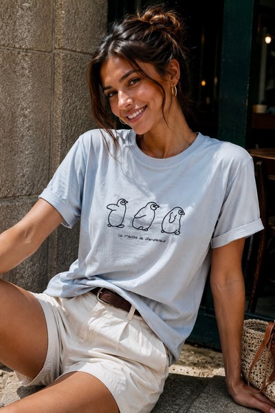 bb butik basic Penguin Embroidered Basic Women's T-Shirt – 100% Cotton Crew N...
