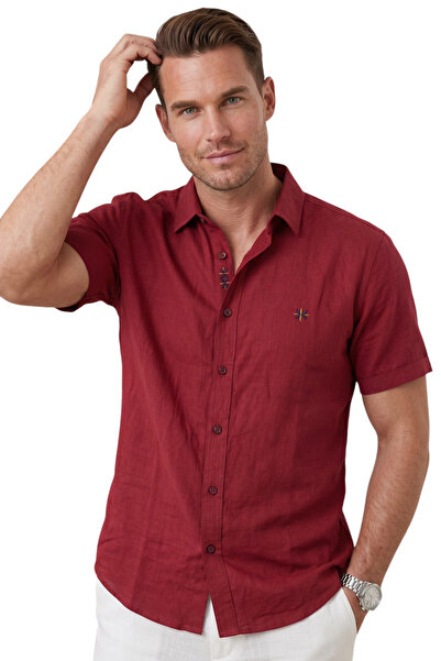 DeepSEA Burgundy Flared Linen Men's Shirt – Summer 100% Cotton Relaxed Fit 26...