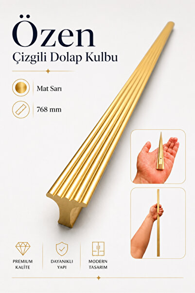 Badem10 Özen Çizgili Mat Sarı Çekmece Kulp 1 Adet 768 mm Uzun Dolap Kapak Kul...