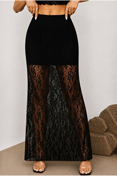 MAROVOAY Women's Black Lace Long Skirt with Inner Lining, Elastic Waist, Tran...