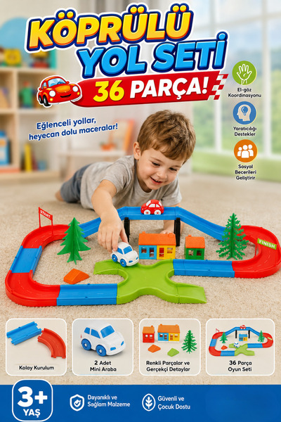 craftivio Köprülü Yol Seti 36 Parça Eğitici Oyuncak Araba Pisti 2 Adet Mini A...
