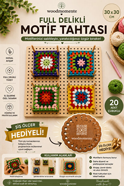 woodmomente Full Delikli Motif Tahtası 30x30 cm 20 Çubuklu Şiş Ölçer Hediyeli