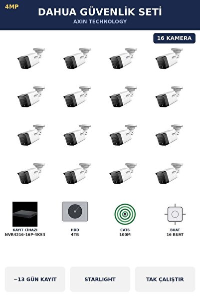 DAHUA 16 Kameralı 4MP Güvenlik Kamera Seti 4MP IP PoE Starlight Bullet Dış Me...