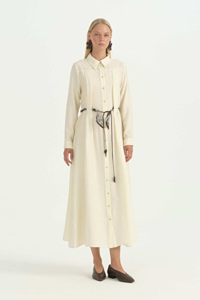 Nihan Style Belted Viscose Dress - Ecru