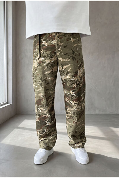 MENOFOURSWEAR Men's Belt Detailed Camouflage Patterned Linen Baggy Trousers