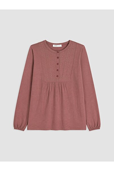 LC Waikiki Lcw Grace Pink Crew Neck Embroidered Gathered Blouse