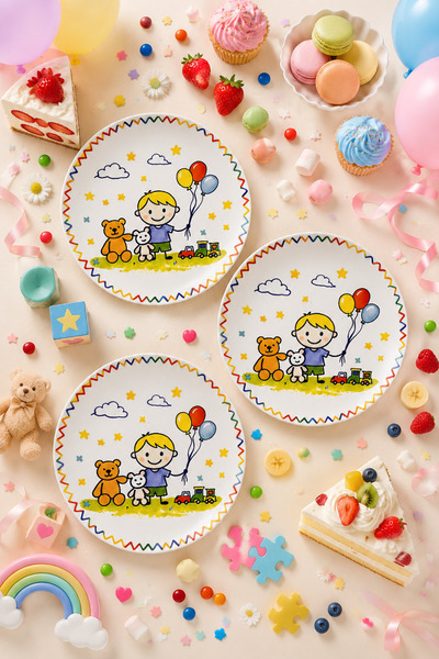 grandora 6-Piece Colorful Balloon Boy Patterned Cake Dessert Plate (20 cm) - ...