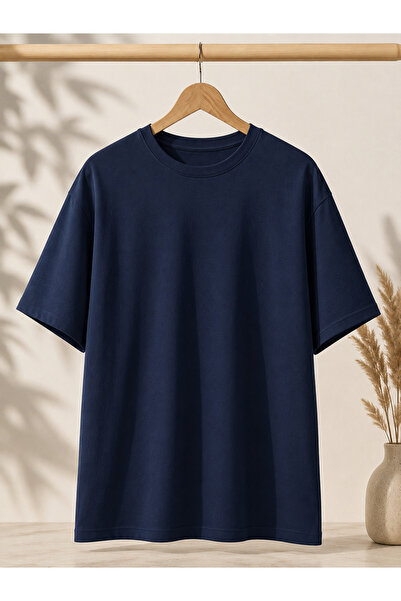 cekud tasarım baskı Lacivert Oversize Unisex Basic Tişört – Bisiklet Yaka Rah...