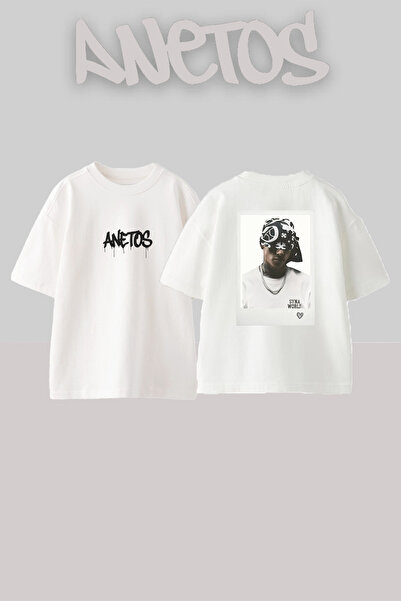 Anetos Λευκό μπλουζάκι με στάμπα Bandana Streetwear Design, Unisex, Oversize