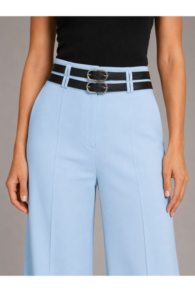 Emporya Women's Double Belt Detailed High Waist Comfortable Wide Leg Palazzo Trousers