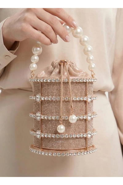 VİNY Women's Luxury Bucket Evening Bag – Crystal Embellished Metal Mesh Handb...