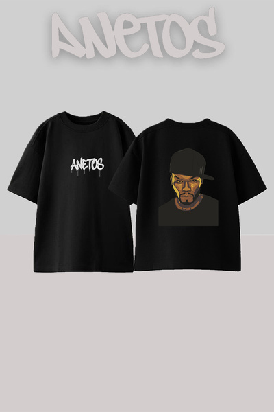 Anetos تيشيرت أسود كبير الحجم مطبوع بتصميم 50 Cent_23 للجنسين