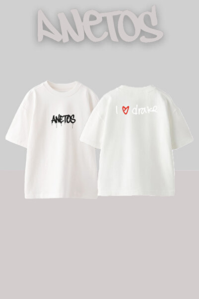 Anetos Λευκό μπλουζάκι I Love Drake με στάμπα και σχέδιο, Unisex, Oversize