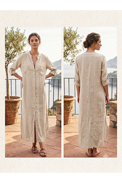 yusracollectionn Italian Linen Embroidered Long Shirt Dress - Authentic Flora...